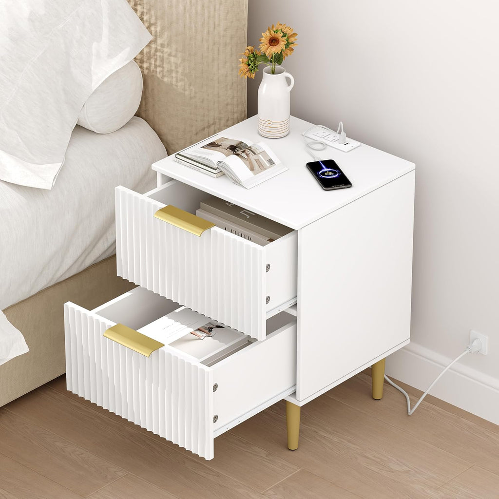 Akxomel White Nightstand Set of 2, Fluted Night Stand with Charging Station, 13.8" D x 15" W x 23.2" H, 2 Drawers Modern Bedside Table with USB Ports and Outlets, Golden Side Table for Bedroom