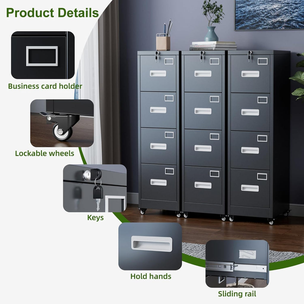 Aobabo 4 Drawer File Cabinet with Lock and Wheels, Metal Vertical Filing Cabinet with Anti-Tilt Interlock System for Home Office, Fits Letter/Legal Size, Black,Required Assembly