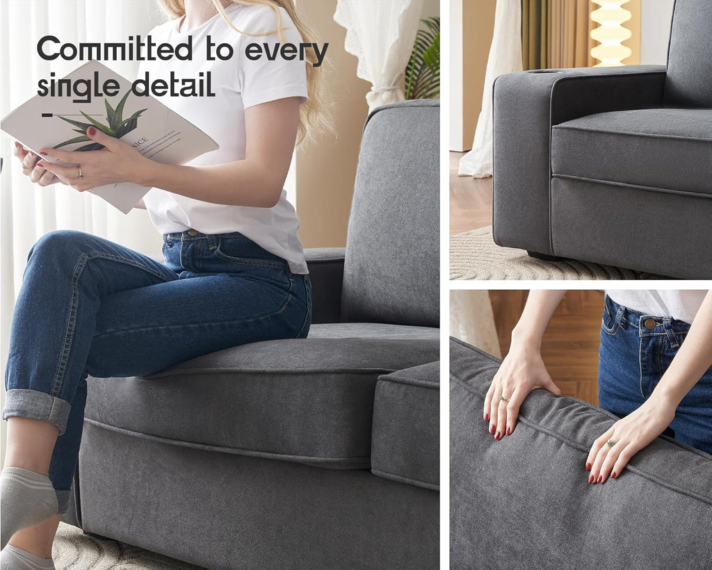 AMERLIFE Chenille Sofa Chair, Modern Comfy Couch with Cup Holders & USB Ports for Living Room, Charcoal Grey Upholstered Couch
