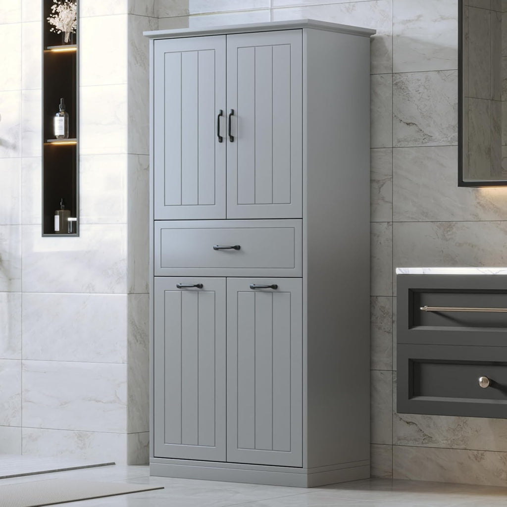 Merax Cabinet with 2 Tilt-Out Laundry Hamper Baskets, Modern Tall Bathroom Storage Organizer Linen with Drawers and Doors for Home, Freestanding, Grey