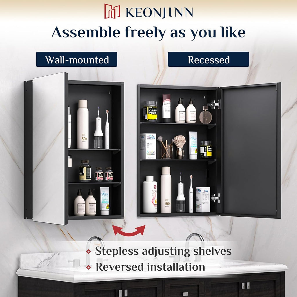 Keonjinn 36 x 24 Inch Black Medicine Cabinet, Bathroom Medicine Cabinet with Mirror, Lightweight Aluminum Structure, Assembly Required, in Wall or Wall Mount, Free Adjustable Shelves, Tempered Glass