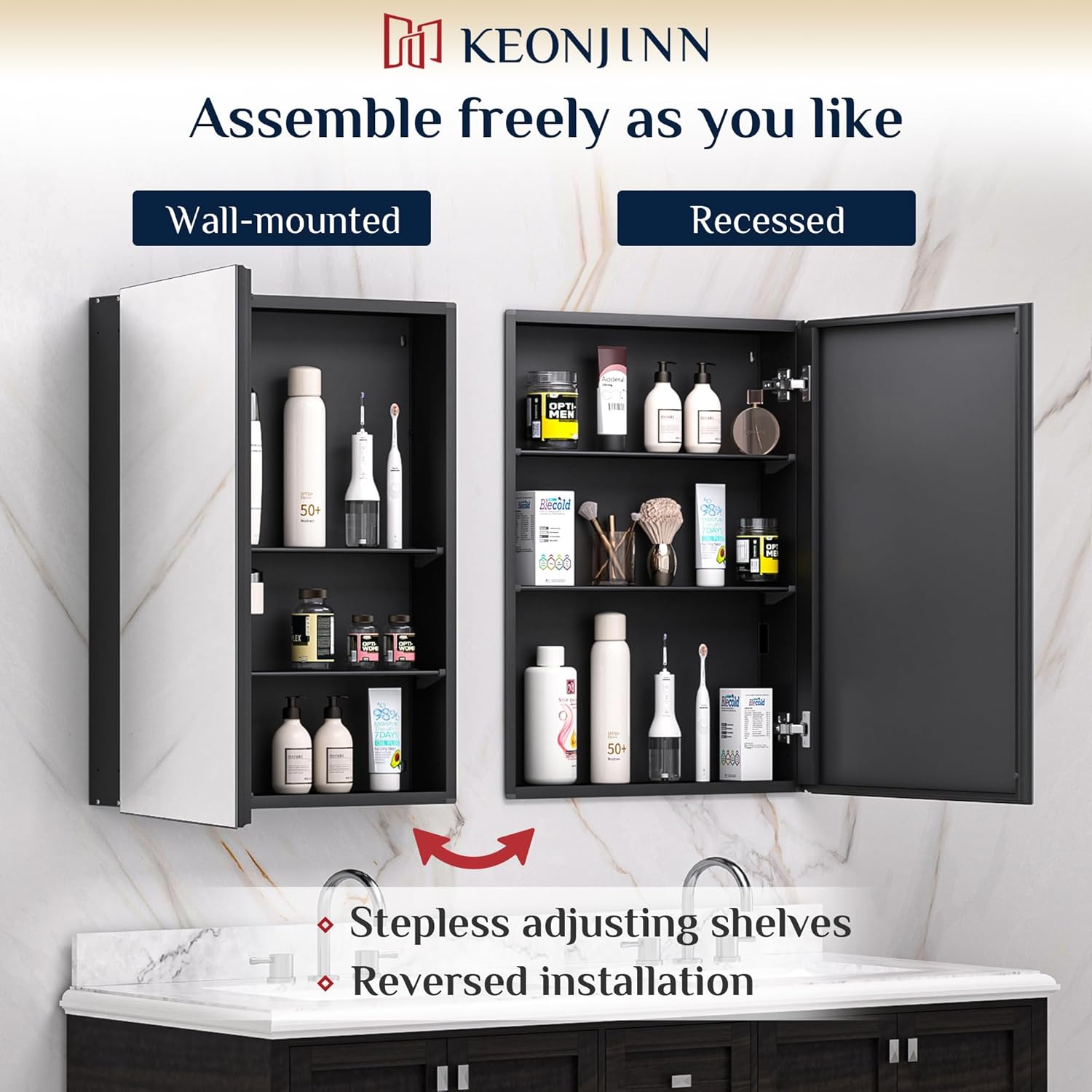 Keonjinn 36 x 24 Inch Black Medicine Cabinet, Bathroom Medicine Cabinet with Mirror, Lightweight Aluminum Structure, Assembly Required, in Wall or Wall Mount, Free Adjustable Shelves, Tempered Glass