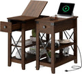 Awescuti Narrow End Table with Charging Station - Farmhouse Slim Side Table Set of 2, w/USB Ports Power Outlets, Nightstand w/Flip Top Storage Drawer, for Small Spaces Living Room Bedroom, Walnut