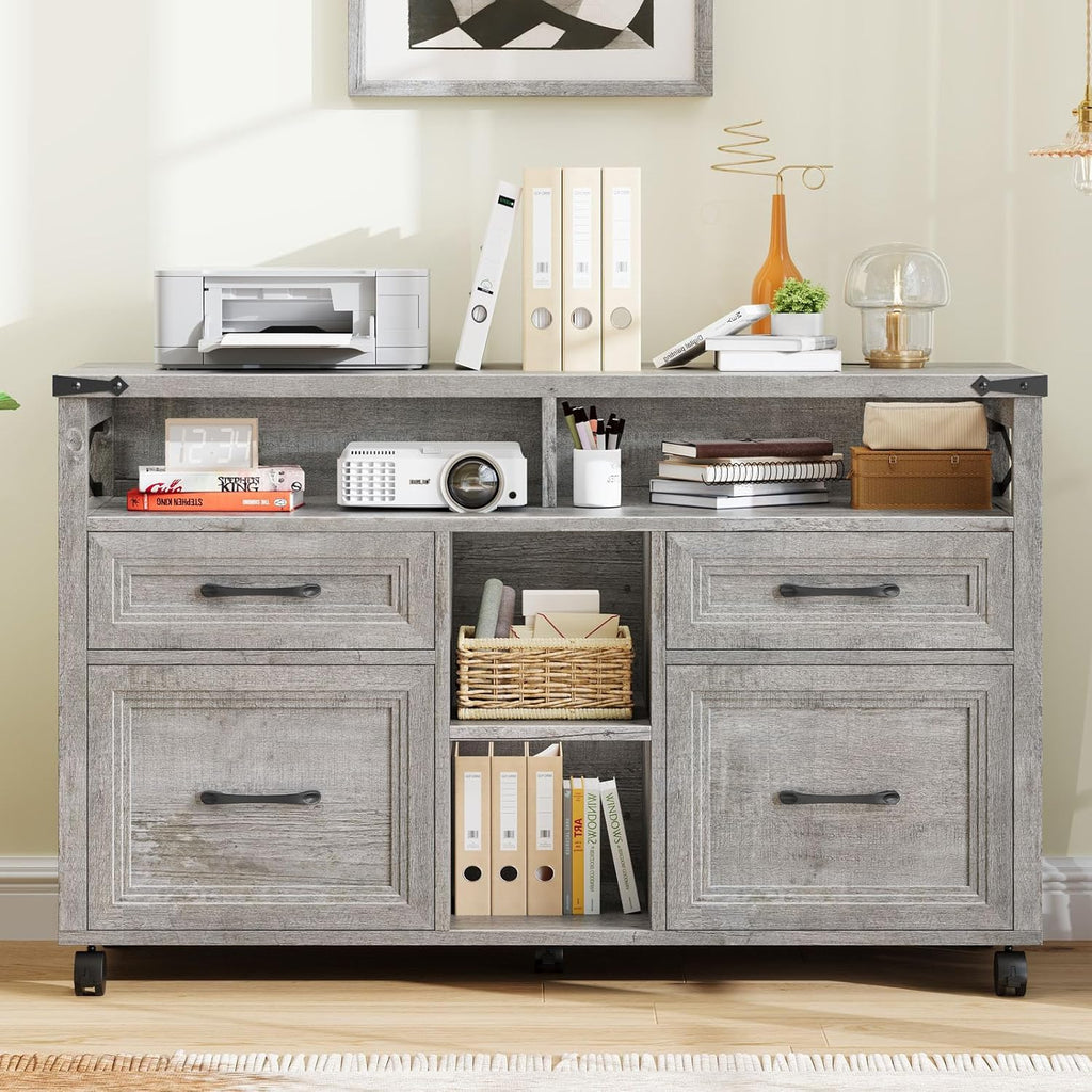 Vabches Farmhouse Filing Cabinet with Adjustable Shelf & Wheels, Lateral File Cabinets, Office Storage Cabinet with 4 Drawers and Open Storage Space, for Hanging Files Letter/A4, for Home Office.Grey