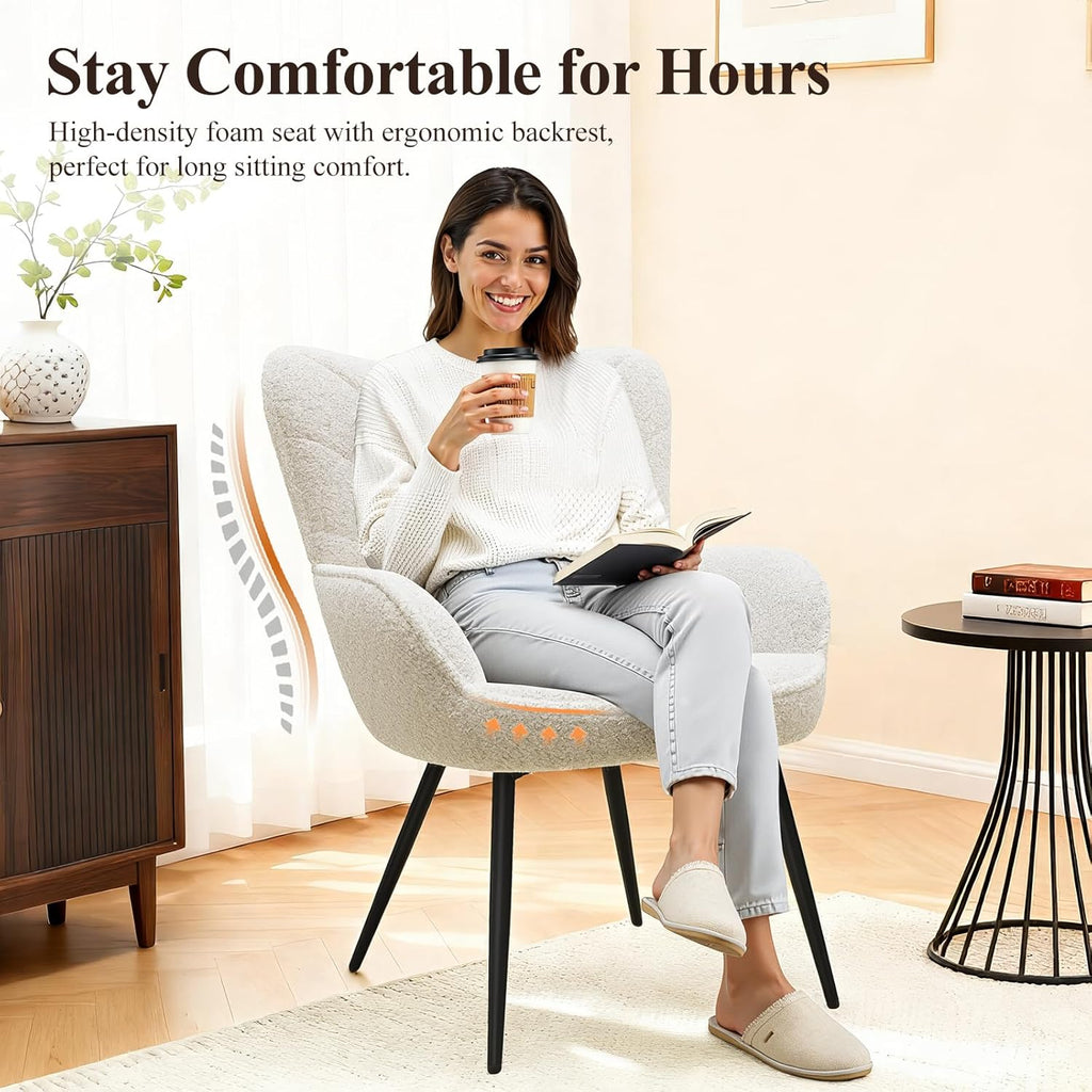MALOL Mid-Century Sherpa Upholstered Accent Chair, Cozy Armchair with Curved Backrest, Sturdy Metal Legs, Soft Fabric Chair for Living Room, Bedroom & Reading Area,Beige