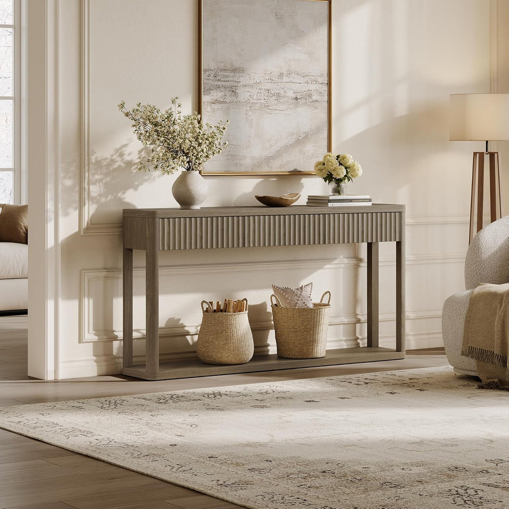 SICOTAS Entryway Table with Storage, 60.74" W Console Table with 3 Fluted Drawers and Shelf, Modern Narrow Long Accent Sofa Table Behind The Couch for Hallway, Entrance, Living Room, Foyer, Grey Alder