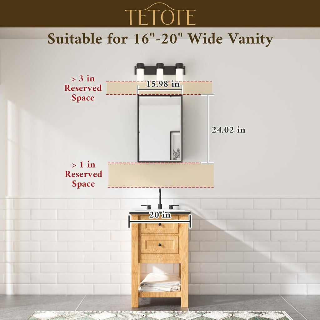 TETOTE 16" x 24" Medicine Cabinets for Bathroom with Tempered Mirror Recessed Medicine Cabinet with Aluminum Beveled Frame, Stepless Adjustable Shelves, DTC Hinge