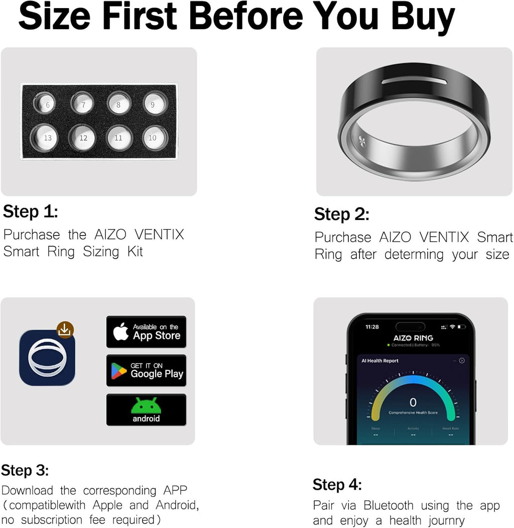 Smart Ring for Men/Women – Vibration Alerts, Ceramic & 316L Steel Sleep/Heart/SpO2/Activity Tracker, No Subscription, IP68 Waterproof, Touch Control, iOS/Android(Black, 8)