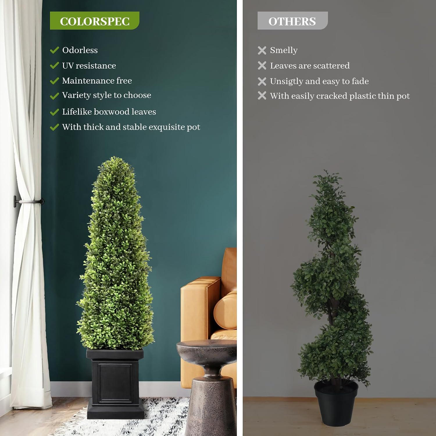 3.5ft Boxwood Outdoor Topiary Set of 2, Tall All Year Green Fake Plant Topiary Trees Artificial Outdoor Porch Trees with Sturdy Pot for Outdoor Indoor (Square)