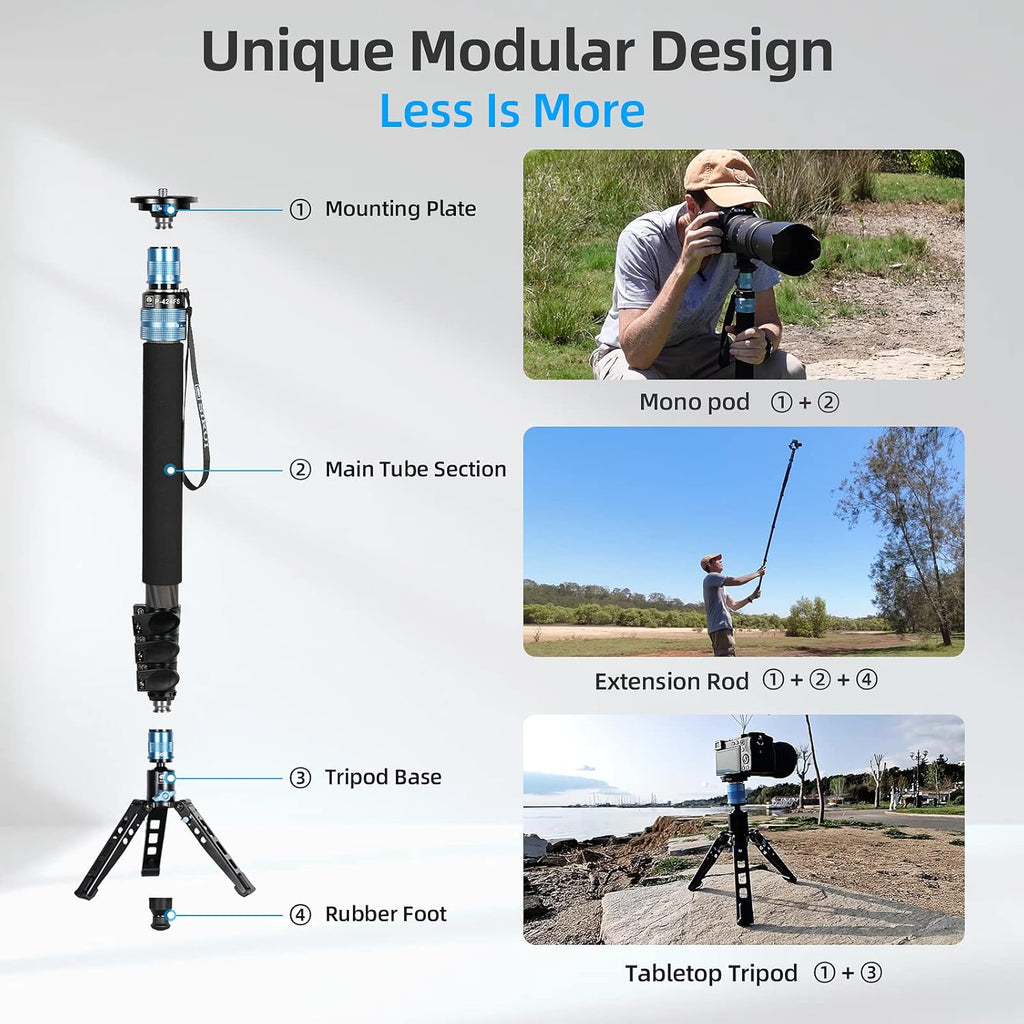 SIRUI P-424FS Carbon Fiber Camera Monopod Kit, 66.3" Heavy Duty Professional Video Monopod with VA-5 Fluid Video Head, Tripod Base, Flip Locks for DSLR Camera