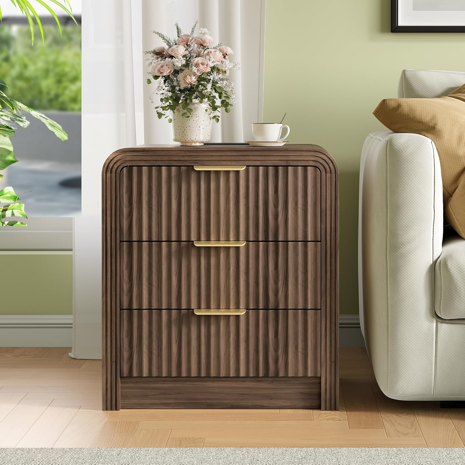 Decofy Fluted Nightstand with Charging Station, Modern Bedroom Side Table with Gold Handles, Curved Profile Design, End Table Wood Organizer for Bedroom, 19.7" & 3 Drawers (2 Pack, Walnut)