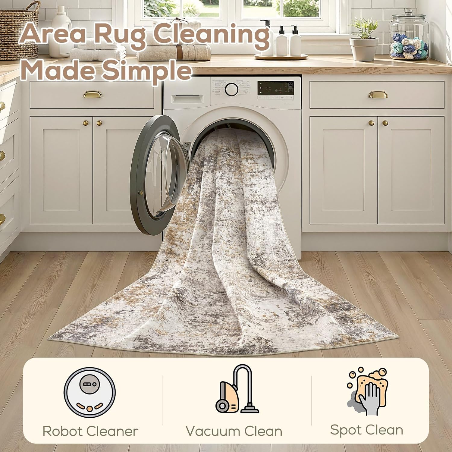 Nakagishi 10X14 Area Rugs for Living Room: Washable Modern Abstract Rug with Non-Slip Silicone Backing Low Pile Soft Carpet for Bedroom & Dining Decor Ideal for Families with Kids and Pets-Brown