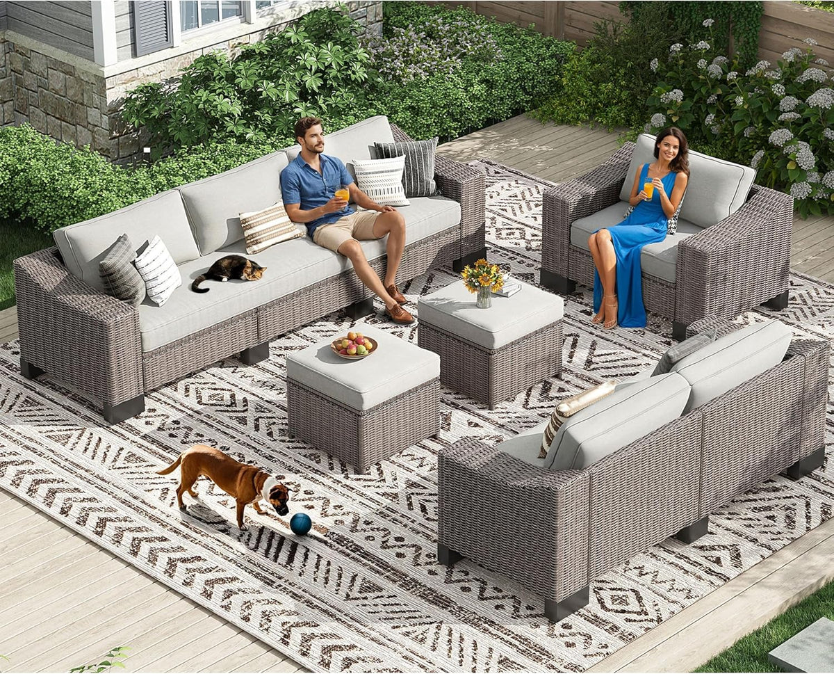 8 Piece Patio Furniture Set, Wicker Patio Conversation Set with 5.9" Wide Armrest, Waterproof Cushions & Ottomans with Modular Outdoor Couch for Backyard, Deck, Garden