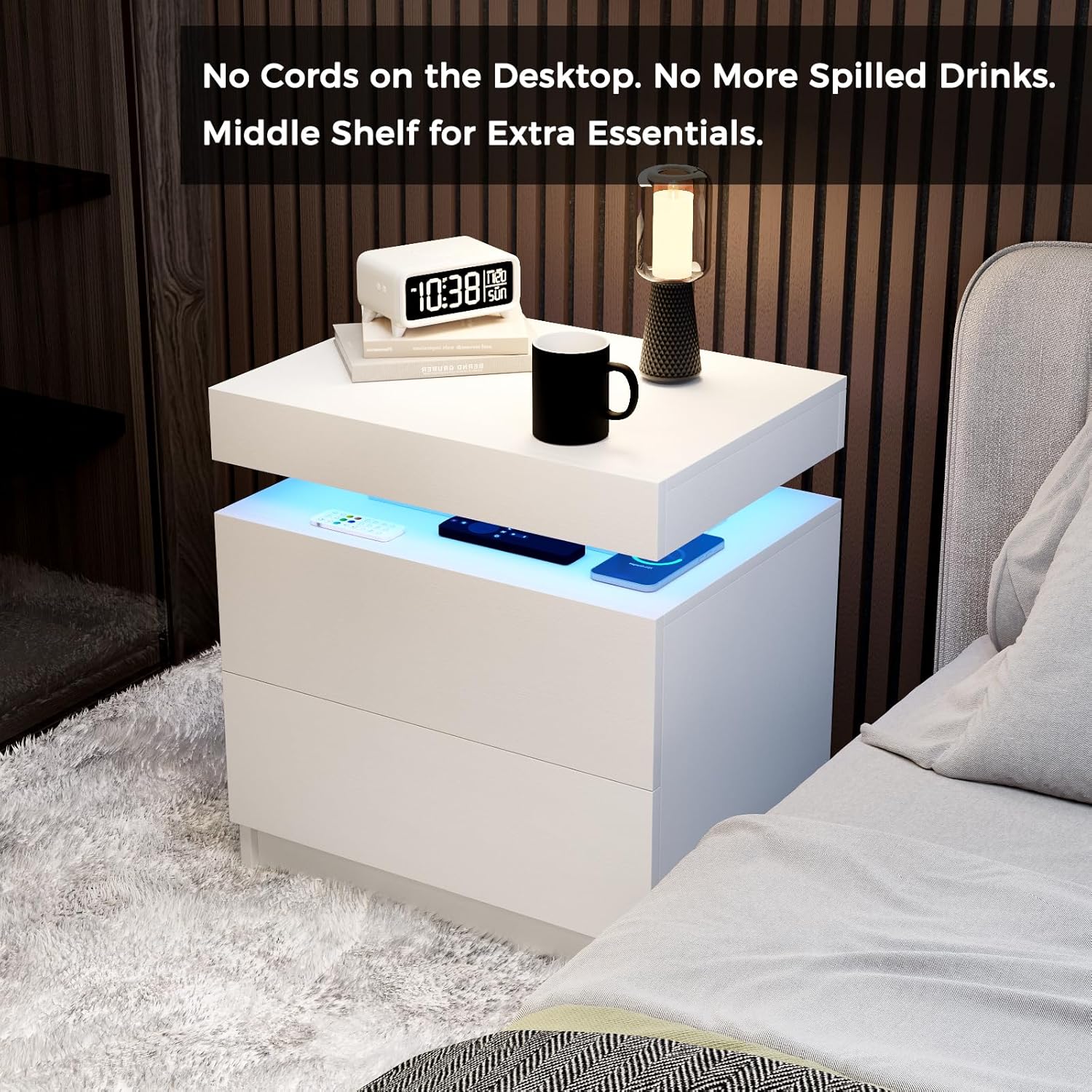 LED Nightstands Set of 2, Modern White Night Stand End Tables with APP & Remote Control LED Lighting, 2 Drawers, Open Shelf Storage, Bedside Tables for Bedroom and Living Room