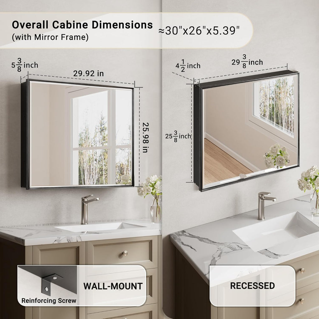 30x26 Pre-Assembled Black Medicine Cabinet with Mirror, Surface or Recessed Medicine Cabinet Mirror for Bathroom, Aluminum Beveled Frame Bathroom Vanity Mirror with Adjustable Shelves Storage