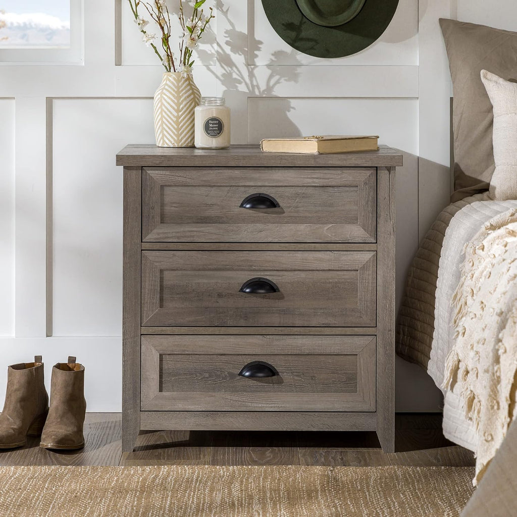 Walker Edison Hazel Modern Farmhouse 3 Drawer Framed Nightstand with Half-Moon Handles 25 Inch Grey Wash
