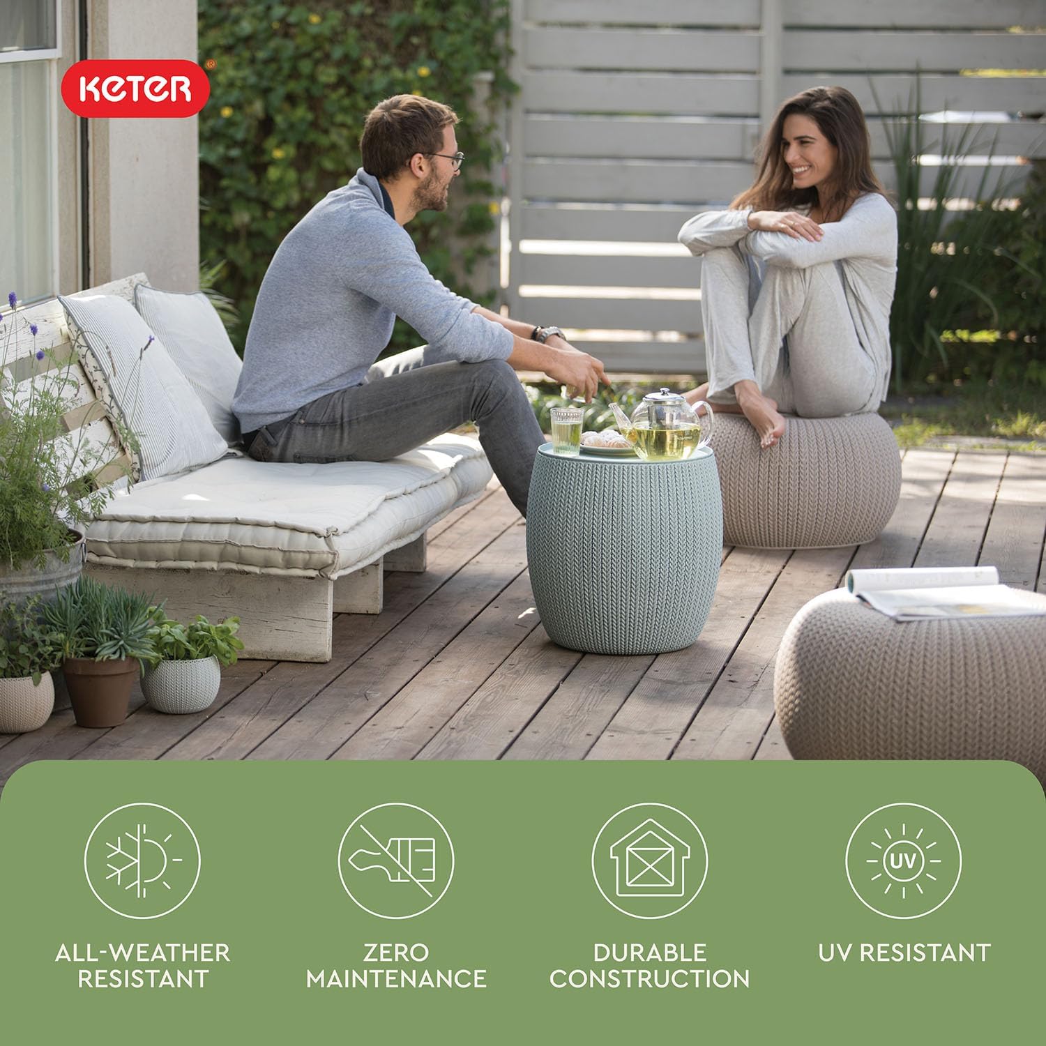 Keter Urban Knit Pouf Ottoman Set of 2 with Storage Table for Patio and Room Décor - Perfect for Balcony, Deck, and Outdoor Seating, Misty Blue & Taupe