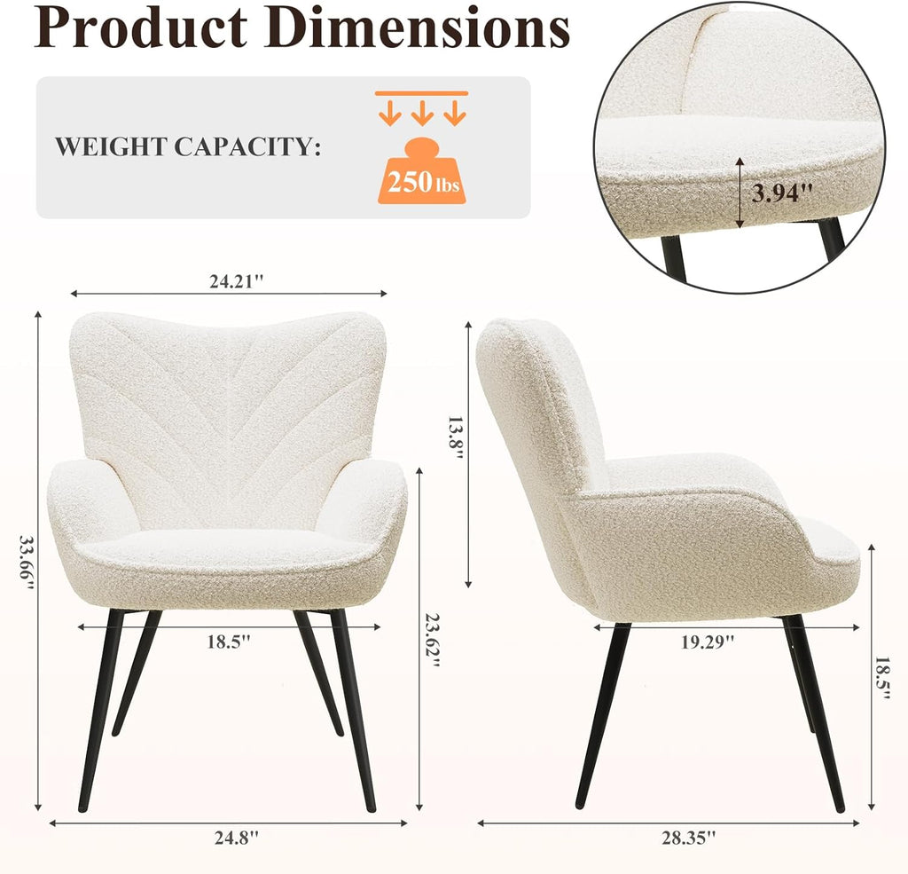 MALOL Mid-Century Sherpa Upholstered Accent Chair, Cozy Armchair with Curved Backrest, Sturdy Metal Legs, Soft Fabric Chair for Living Room, Bedroom & Reading Area,Beige