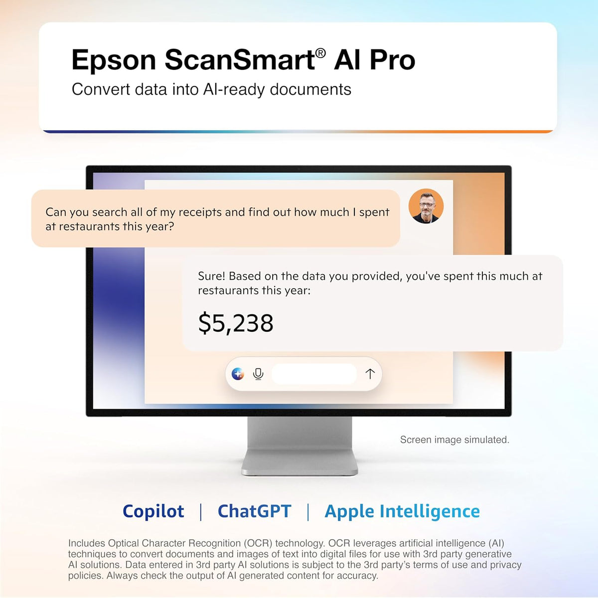 Epson RapidReceipt RR-70W Wireless Mobile Tax Receipt and Color Document Scanner with Complimentary Data Management Software for PC and Mac
