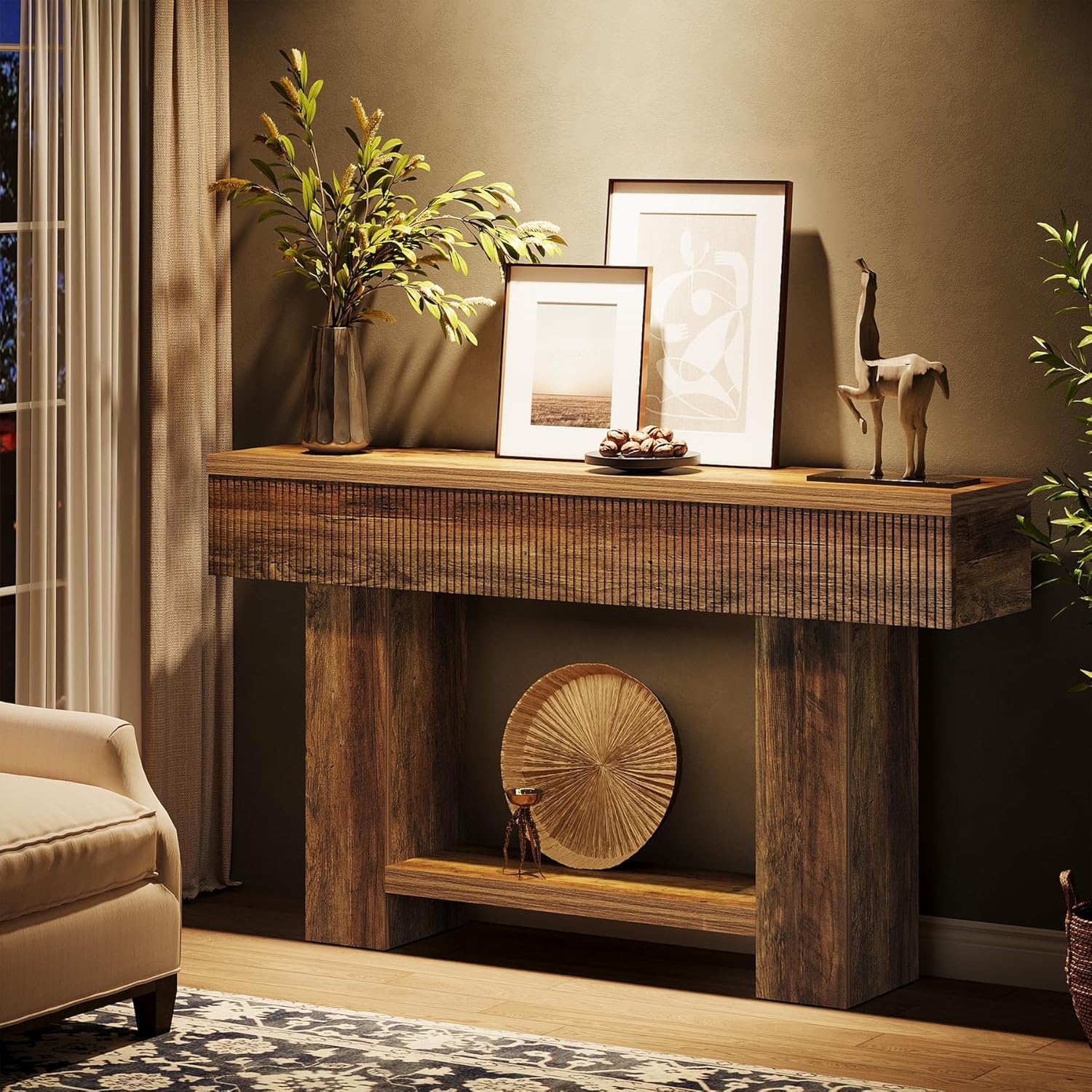LITTLE TREE 55-Inch Entryway Table with Storage, Farmhouse Console Table for Hallway, 2-Tier Sofa Table for Behind Couch, Rustic Wood Console Table for Living Room & Foyer
