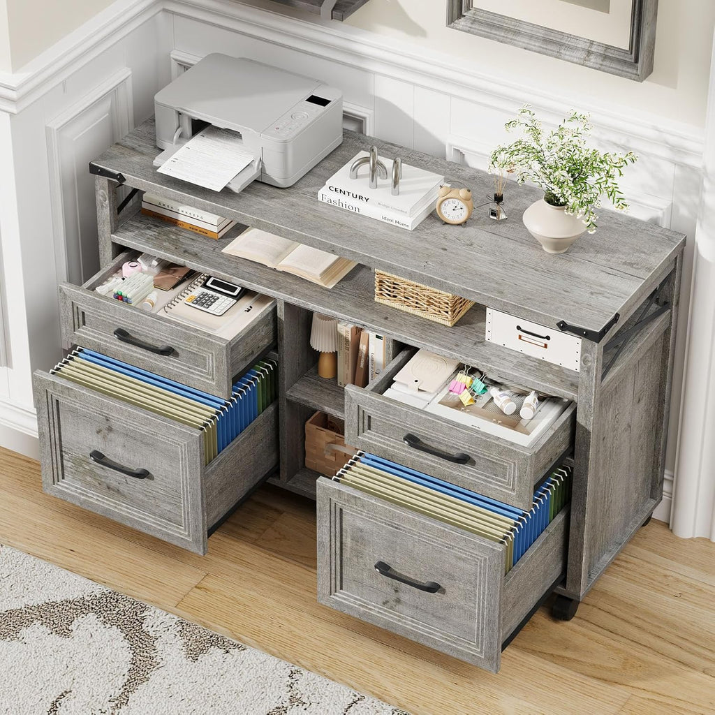 Vabches Farmhouse Filing Cabinet with Adjustable Shelf & Wheels, Lateral File Cabinets, Office Storage Cabinet with 4 Drawers and Open Storage Space, for Hanging Files Letter/A4, for Home Office.Grey