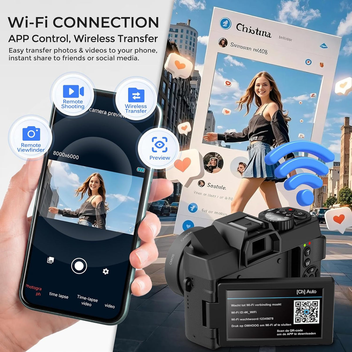 4K Digital Camera for Photography with WiFi Auto-Focus Vlogging Camera for YouTube with Flip Screen, Come with 2 Batteries, Wide & Macro Lens, MicroSD Card, Card Reader