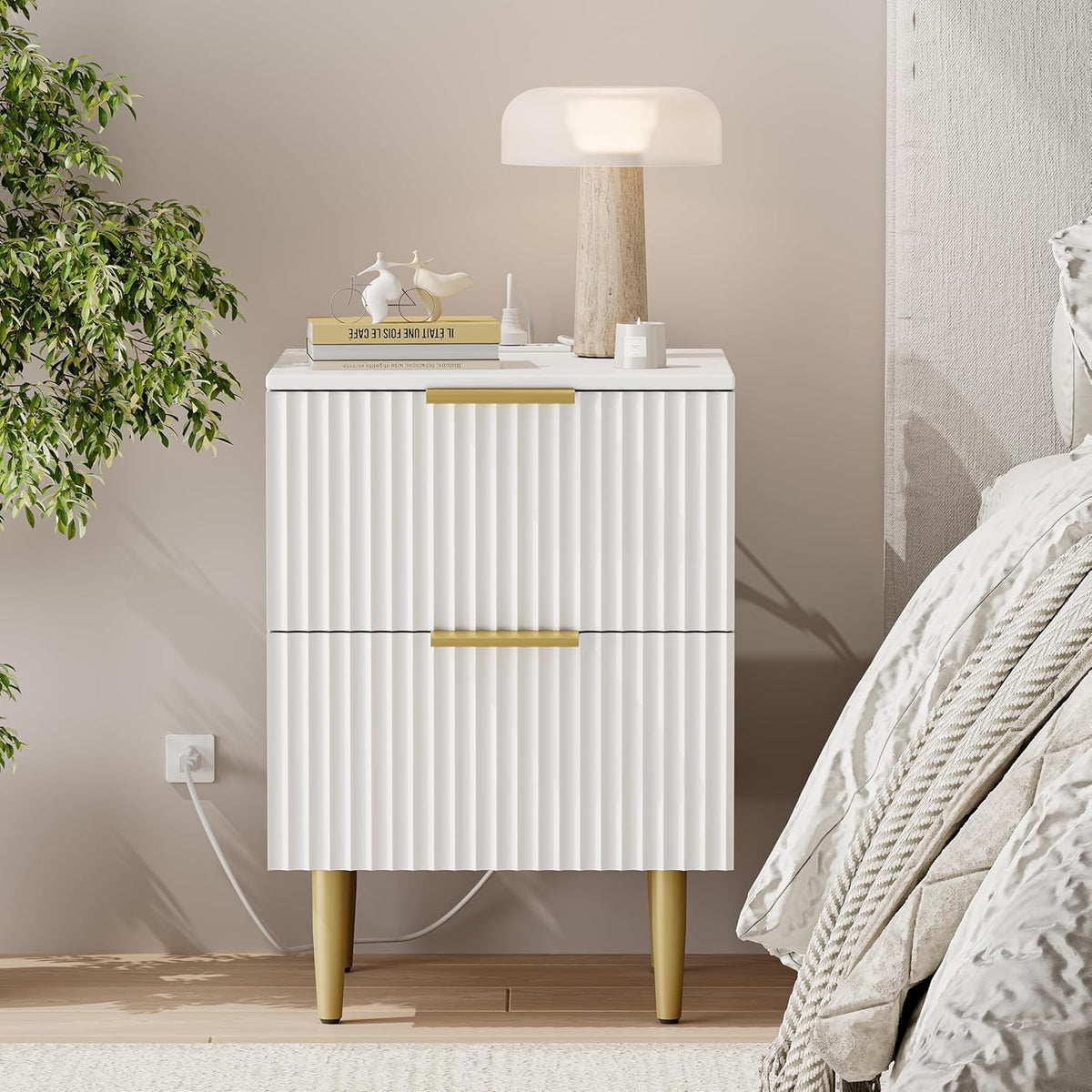 Akxomel White Nightstand Set of 2, Fluted Night Stand with Charging Station, 13.8" D x 15" W x 23.2" H, 2 Drawers Modern Bedside Table with USB Ports and Outlets, Golden Side Table for Bedroom