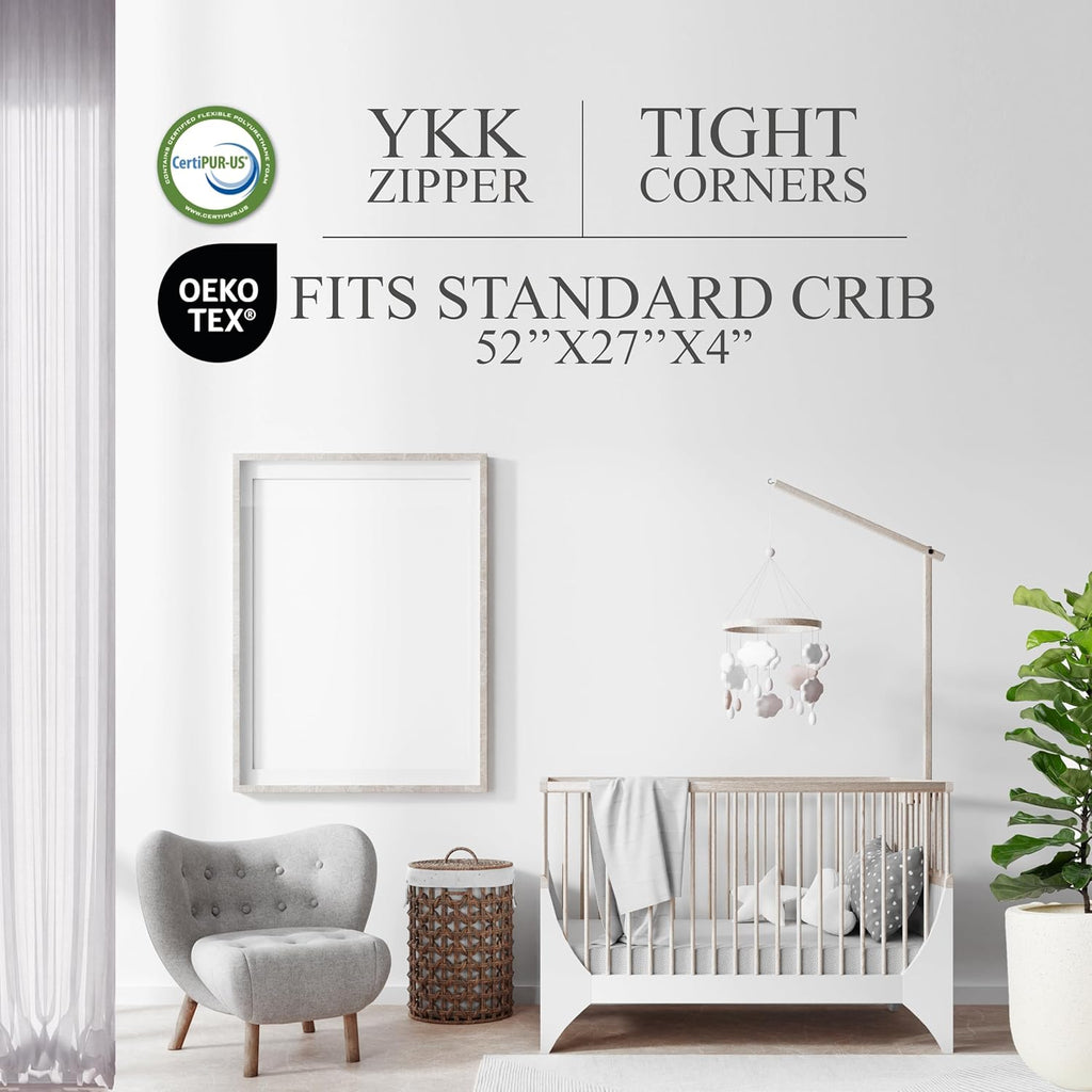 Organic Cotton Covered 2-Sided Crib Mattress | Premium Memory Foam Hypoallergenic Light 2-in-1 Baby Mattress, Firm Support for Infant Soft CertiPUR Foam for Toddler, Waterproof & Washable | 52x27.5x4”