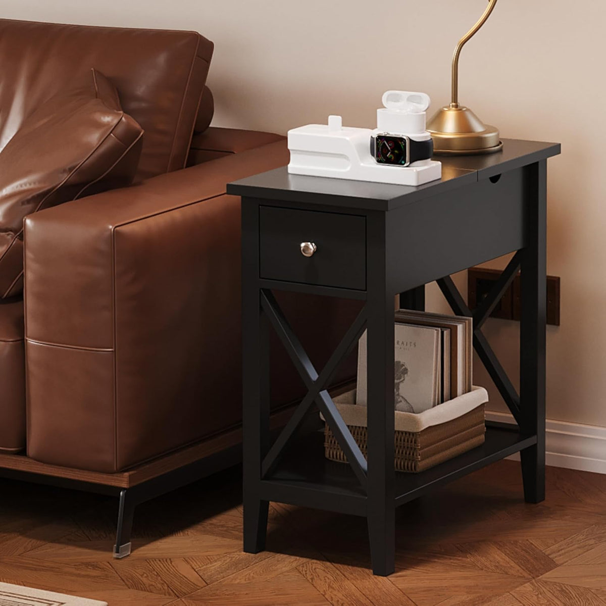 ChooChoo End Table Set of 2, Flip Top Narrow End Table with Drawer, Accent Small Side Table Nightstand for Living Room, Bedroom, and Small Spaces, Blcak
