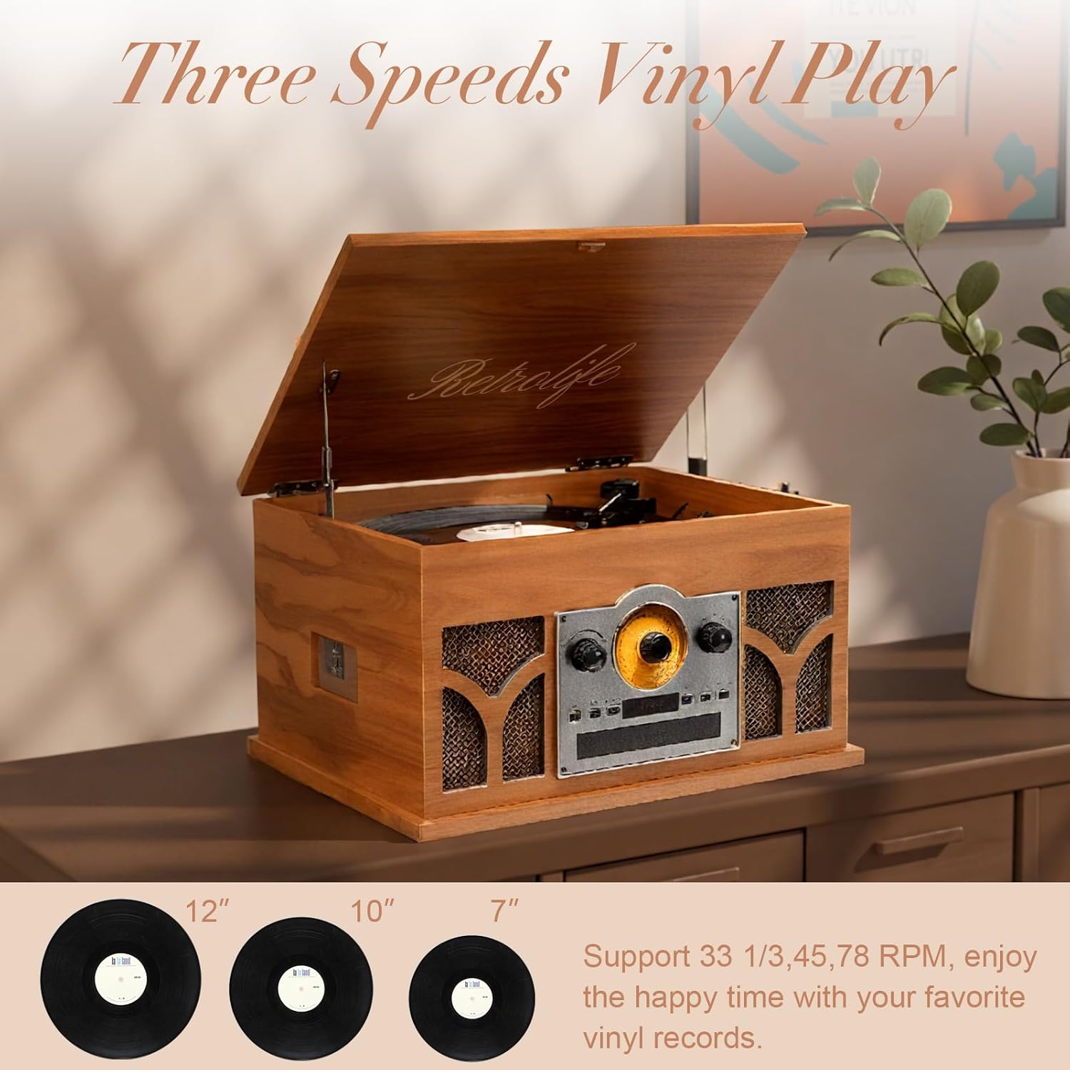 10-in-1 Record Player with Built-in Speakers Wireless Playback, CD & Cassette Player, USB Player, AM/FM Radio, 3 Speeds Turntable Vinyl Record Player Mahogany
