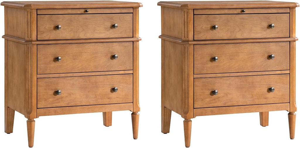 HULALA HOME End Table with Charging Station & Hidden Drawer, 30" Tall Side Table with Pull-Out Shelf, Rubberwood Legs(Set of 2, Teak)