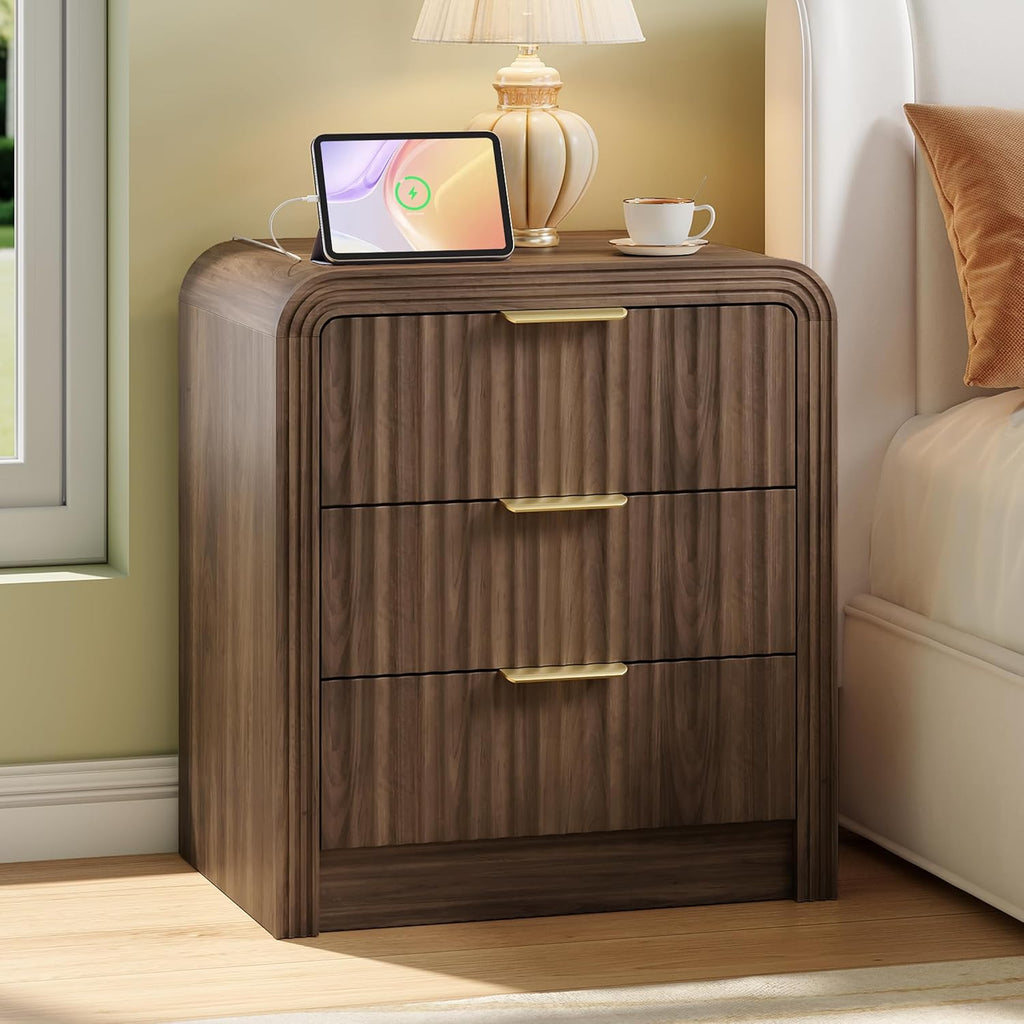 Decofy Fluted Nightstand with Charging Station, Modern Bedroom Side Table with Gold Handles, Curved Profile Design, End Table Wood Organizer for Bedroom, 19.7" & 3 Drawers (2 Pack, Walnut)