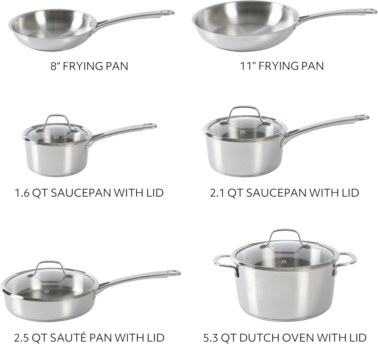 Sur La Table Kitchen Essentials Chef's Deck 10 Piece Stainless Steel Non Toxic Pots and Pans Kitchen Cookware Set w/Triply Encapsulated Base - Induction Safe