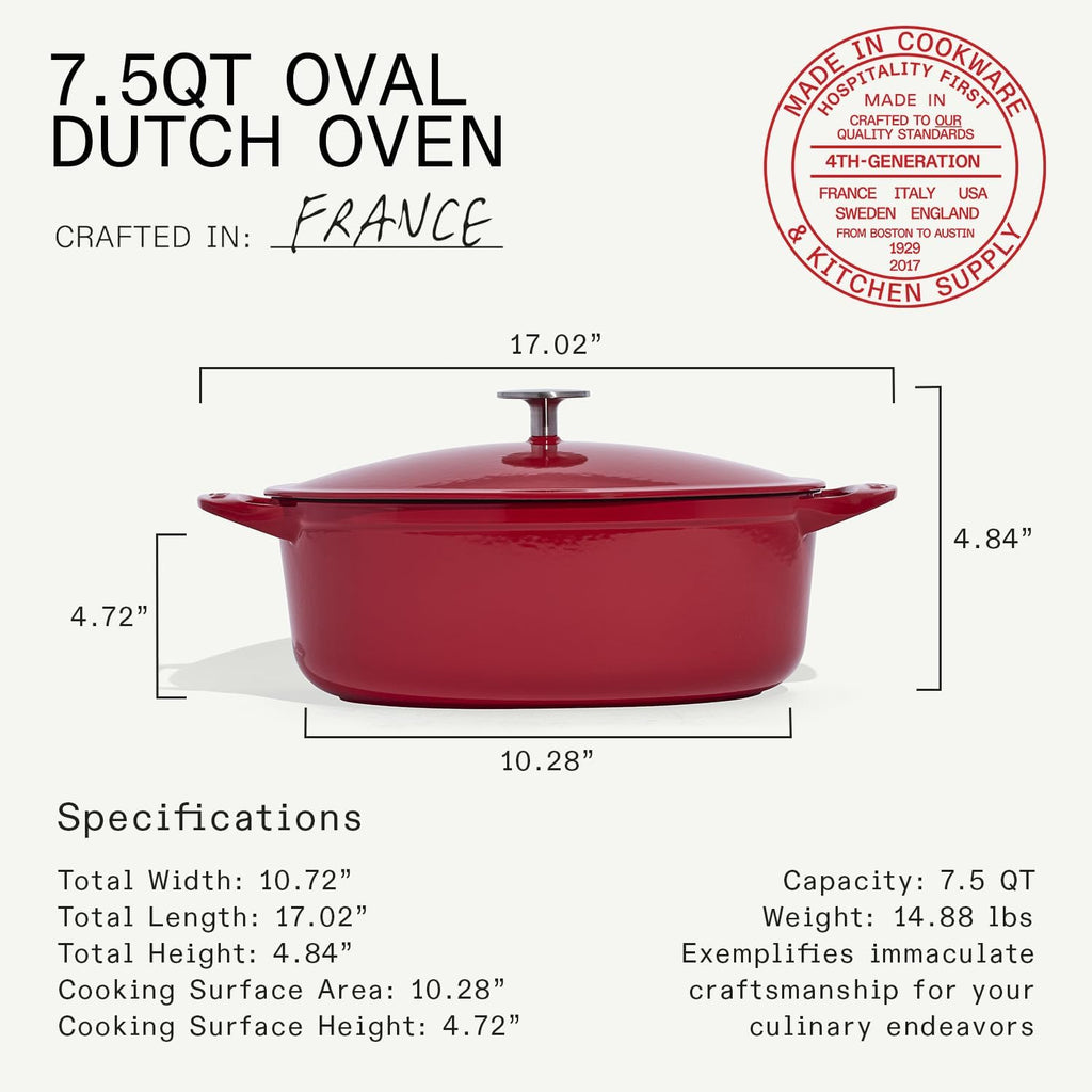 Made In Cookware | Oval Dutch Oven 7.5 Quart (Red) | Enameled Cast Iron | Exceptional Heat Retention & Durability | Professional Cookware | Crafted In France | Induction Compatible