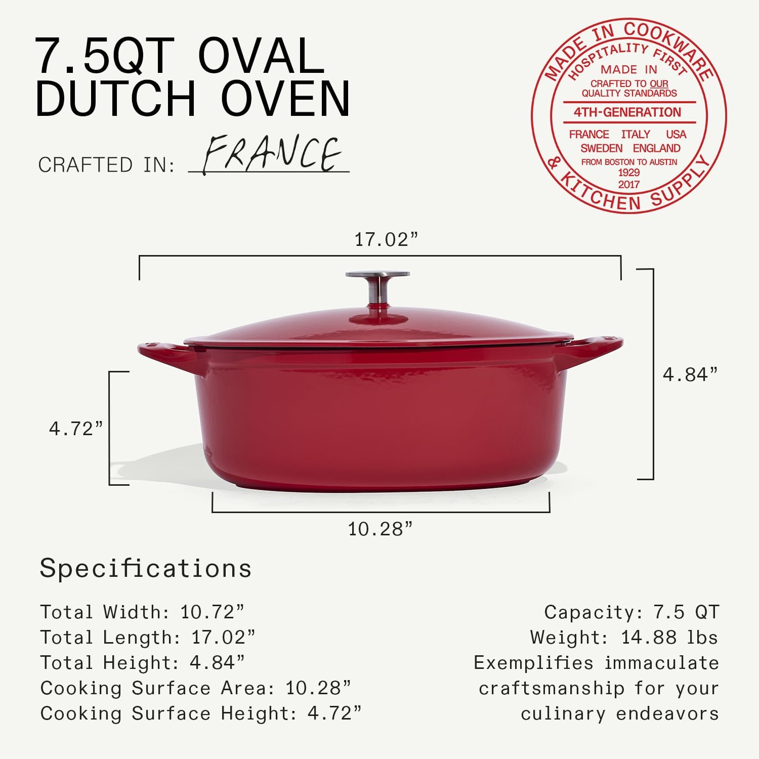 Made In Cookware | Oval Dutch Oven 7.5 Quart (Red) | Enameled Cast Iron | Exceptional Heat Retention & Durability | Professional Cookware | Crafted In France | Induction Compatible