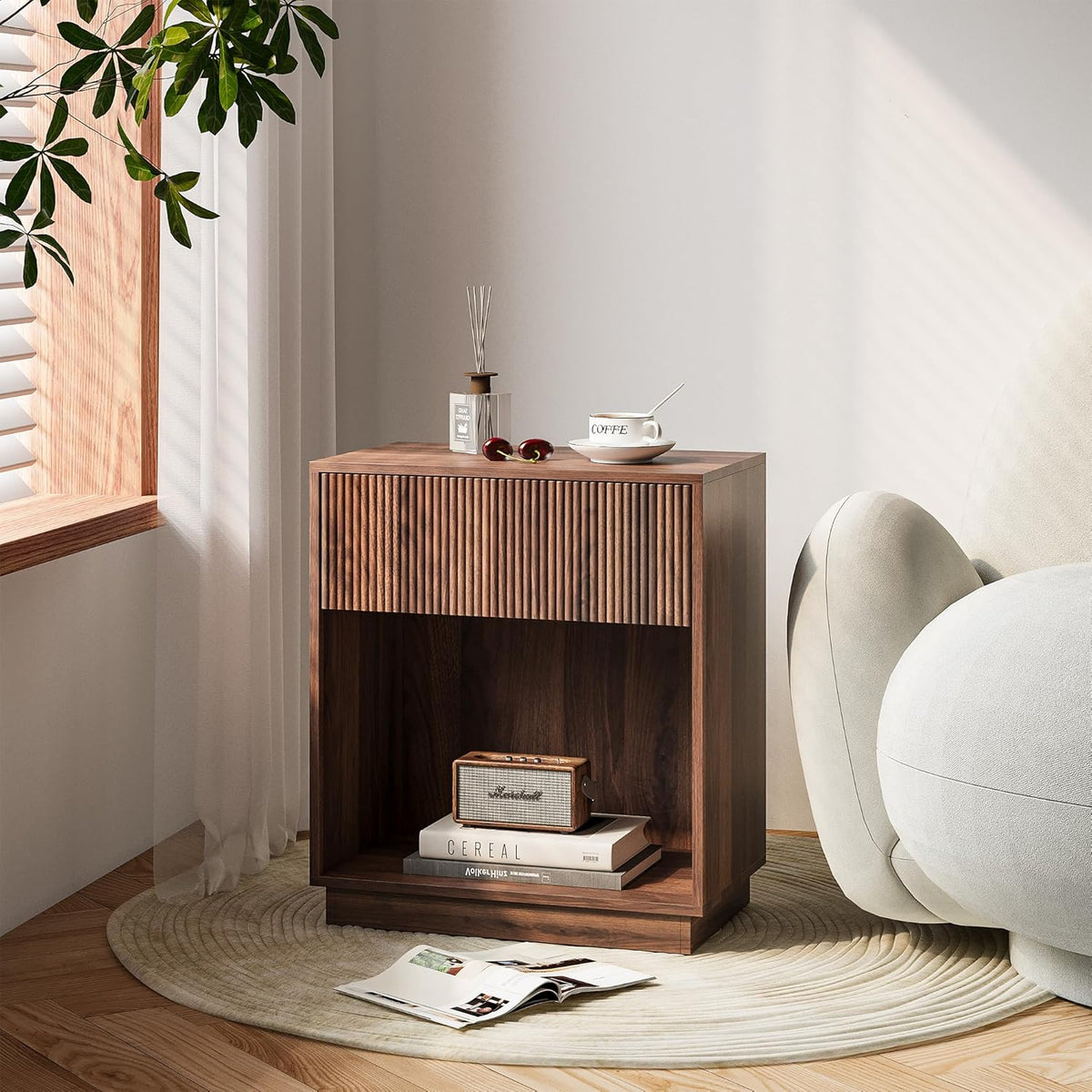 Fluted Nightstands Set of 2, Modern Bedside Table with Storage Drawer and Open Wood Shelf, Wood End Table Mid Century Night Stands for Bedroom Living Room Sofa Couch Office Walnut Brown