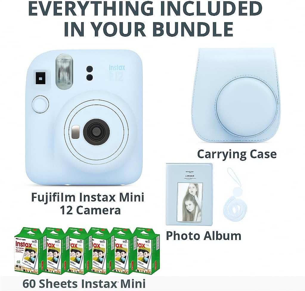 Fujifilm Instax Mini 12 Instant Camera Clay White and Fuji Film Value Pack (60 Sheets) Bundle with Sturdy Tiger Accessories, Carrying Case, Photo Album 64 Pockets