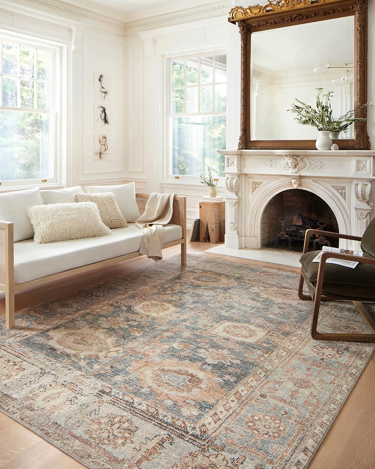 Loloi Margot Collection MAT-03 Ocean/Spice 7'-6" x 9'-6" Area Rug feat. CloudPile, No-Shed Easy Clean Large Patterned Area Rug for Living Room, Bedroom, Dining Area