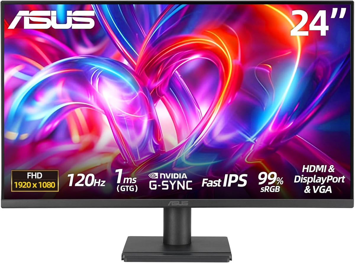 ASUS 24 inch Monitor, FHD(1920x 1080), 120Hz, 1ms, Adaptive-Sync, 99% sRGB, Anti-Glare, Eye Care, VESA Mountable, Speakers, HDMI, DisplayPort, VGA, Frameless, Tilt Adjust, Black, for Office and Gaming