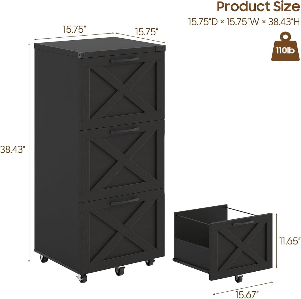 Halitaa 3 Drawer Tall File Cabinet with Wheels, Farmhouse Vertical Filing Cabinet Fits Letter/A4 Size, Rolling File Cabinets Wooden Printer Stand for Home Office, Black