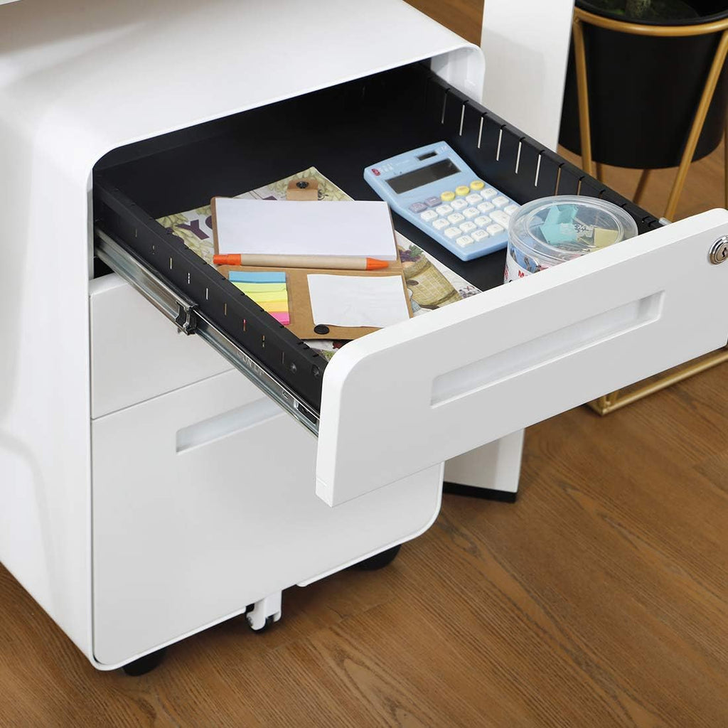 Garvee 3 Drawer File Cabinet with Lock, Under Desk Mobile Metal Filing Cabinet for Home Office, 5 Wheel Anti-Tilt Rolling File Cabinets for A4/Letter/Legal Size, Fully Assembled