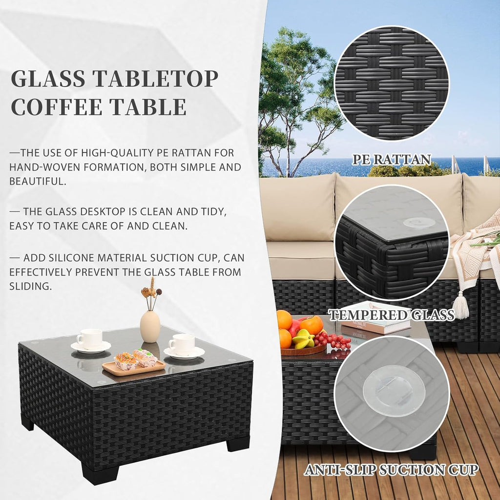 Valita 7 Pieces Outdoor Wicker Furniture Conversation Set Patio Sectional Sofa Set Glass Table with Non-Slip Cushions Furniture Cover, Khaki