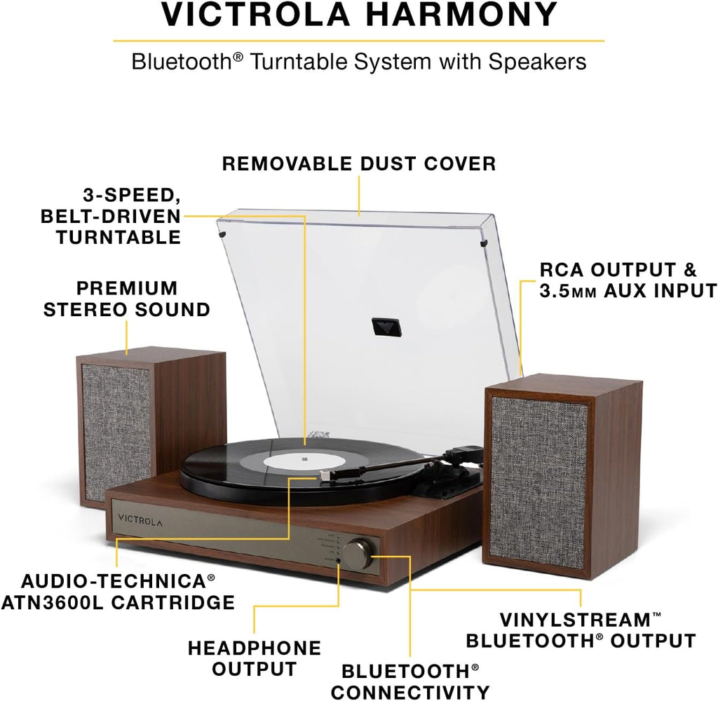 Victrola Harmony – Bluetooth Turntable System– 3-Speed Vinyl Record Player, Stereo Bookshelf Speakers, Mid-Century Modern Design, Audio Technica ATN3600L, Bluetooth Input and Output (Black)