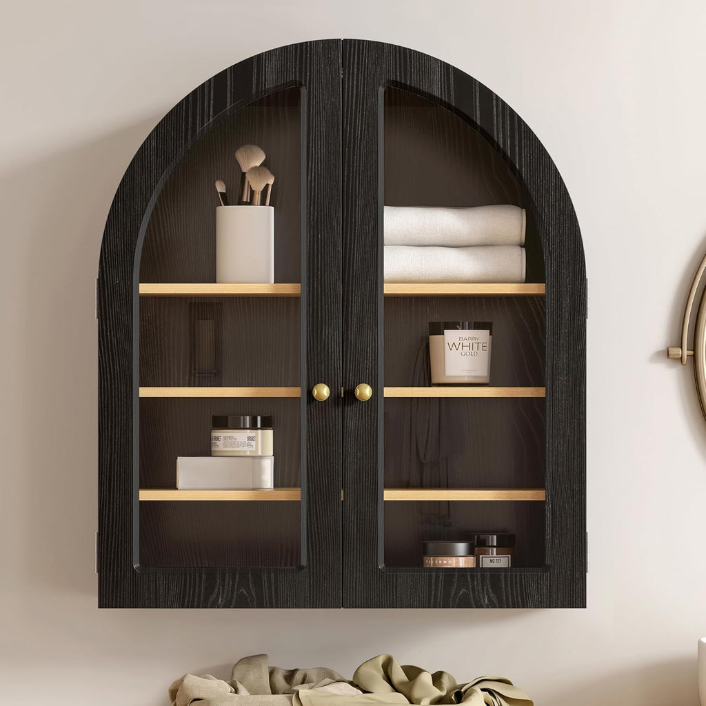 EYYTHUNG Arched Wall Cabinet, Large Bathroom Medicine Cabinet Wall Mounted Cupboard, Modern Floating Storage Cabinet with Acrylic Door Adjustable Shelf, Wood Organizer (Black-Oak)