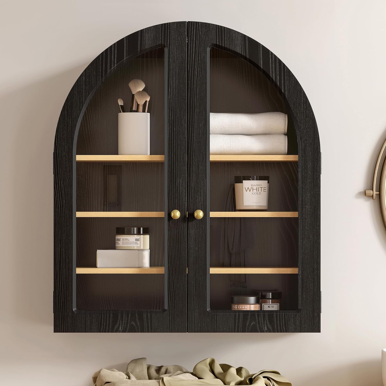 EYYTHUNG Arched Wall Cabinet, Large Bathroom Medicine Cabinet Wall Mounted Cupboard, Modern Floating Storage Cabinet with Acrylic Door Adjustable Shelf, Wood Organizer (Black-Oak)