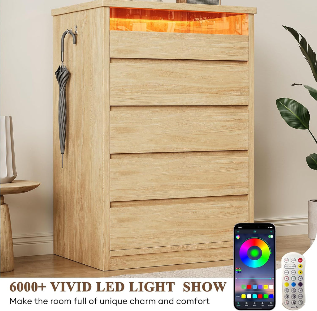 Jocoevol 5 Drawer Dresser for Bedroom with LED Light, Modern Chest of Drawers with Hidden Handles, Large Tall Wooden Dresser Closet for Living Room, Entryway, Hallway - Natural Oak