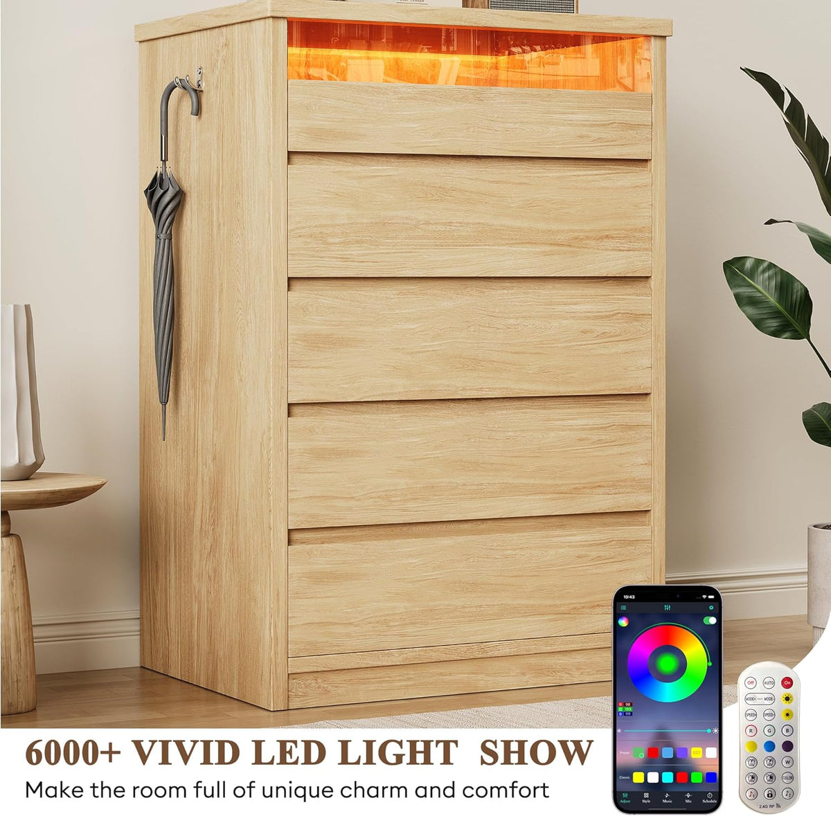 Jocoevol 5 Drawer Dresser for Bedroom with LED Light, Modern Chest of Drawers with Hidden Handles, Large Tall Wooden Dresser Closet for Living Room, Entryway, Hallway - Natural Oak