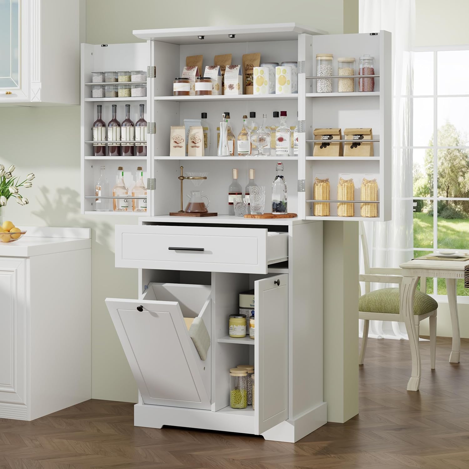 Tall Storage Cabinet Pantry Cupboard with Laundry Hamper and Door Rack Organizer for Bathroom, Kitchen or Enterway, Adjusatble Shelf, White