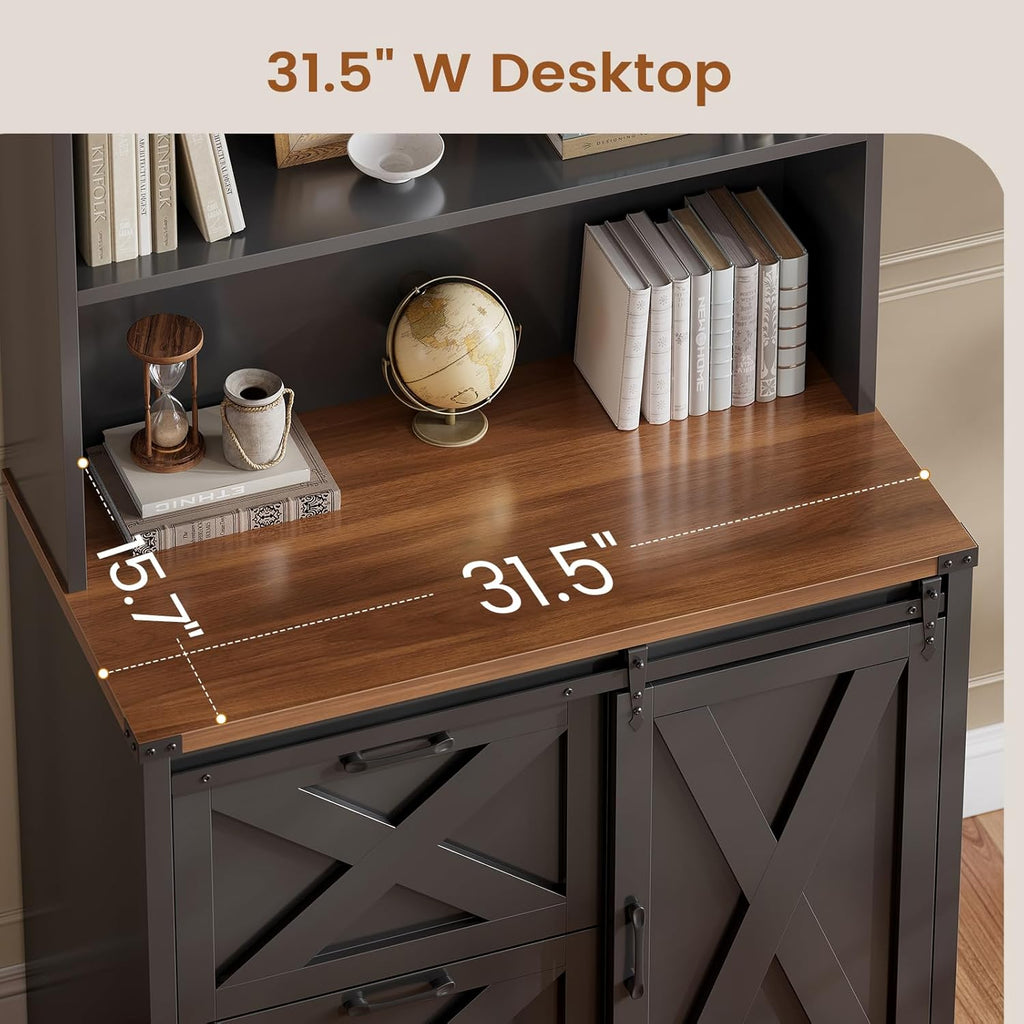SEDETA 2 Drawer Filing Cabinet, Farmhouse File Cabinet for Home Office fits Legal/Letter/A4 File, Office File Cabinets with Printer Stand, Sliding Bar Door and Storage Bookshelf, Black + Brown