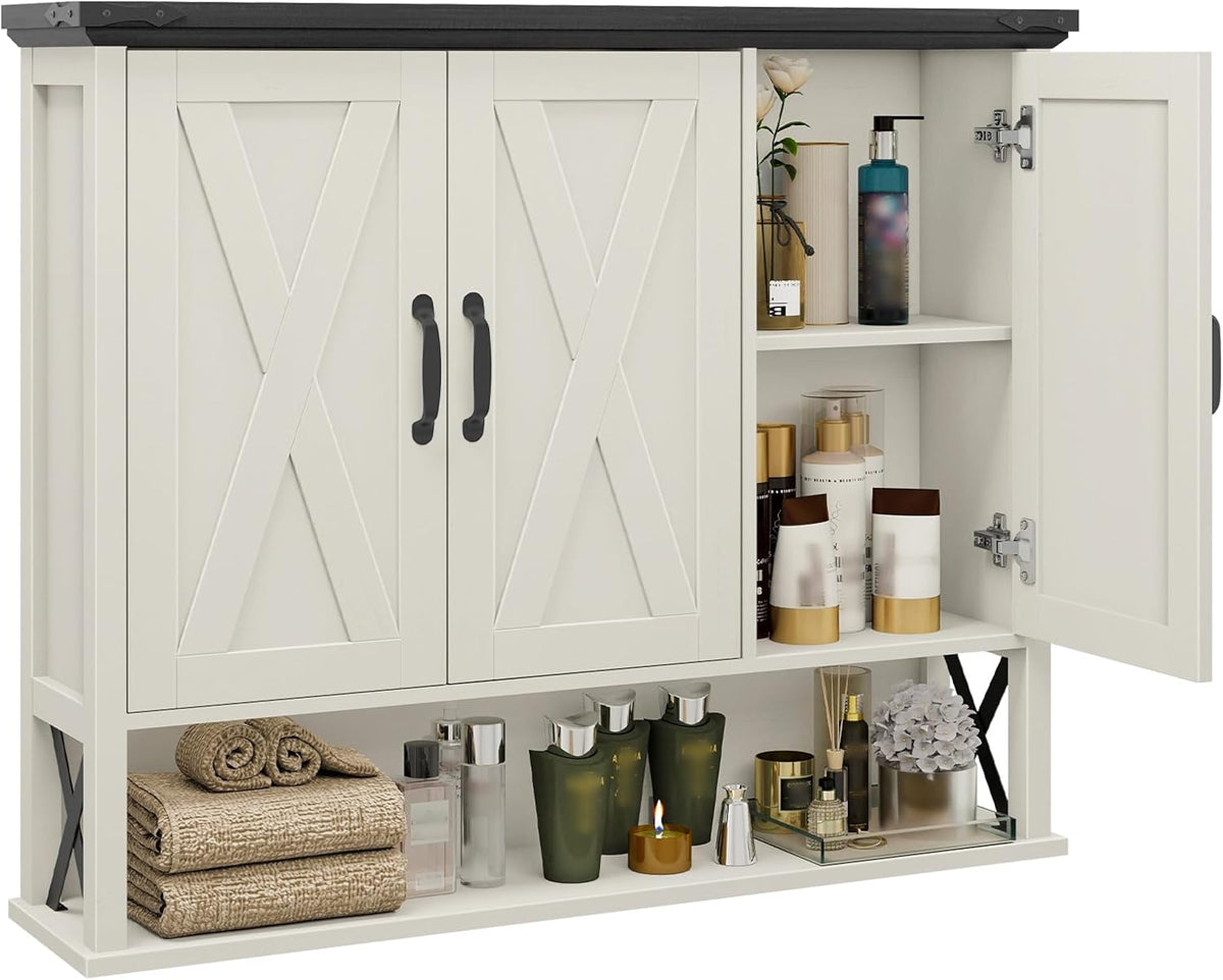 Halitaa Bathroom Wall Cabinet, Farmhouse Medicine Cabinet with Adjustable Wood Shelf & 3 Doors, Over The Toilet Storage Cabinet for Wall Mounted for Bathroom Laundry Room Kitchen, White and Black